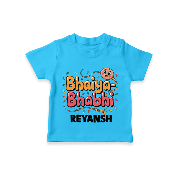 Bhaiya-Bhabhi Fun Rakhi Print TShirt – cartoon style with “Bhaiya-Bhabhi” text and playful elements. - SKY BLUE - 0-5 Months Old (Chest 17")