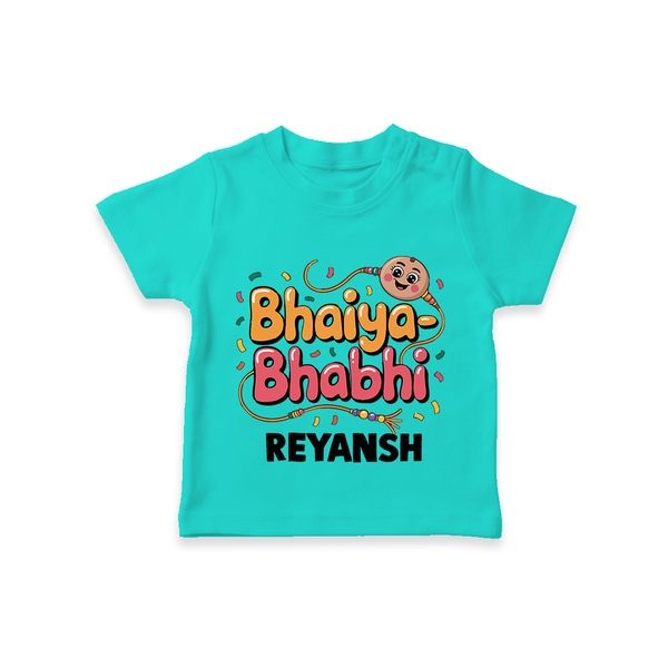 Bhaiya-Bhabhi Fun Rakhi Print TShirt – cartoon style with “Bhaiya-Bhabhi” text and playful elements. - TEAL - 0-5 Months Old (Chest 17")