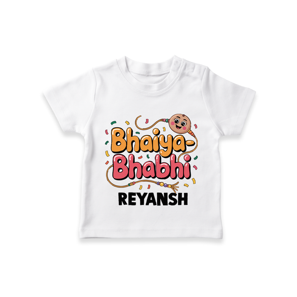 Bhaiya-Bhabhi Fun Rakhi Print TShirt – cartoon style with “Bhaiya-Bhabhi” text and playful elements. - WHITE - 0-5 Months Old (Chest 17")