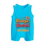 Bhaiya-Bhabhi Fun Rakhi Print Button Romper – cartoon style with “Bhaiya-Bhabhi” text and playful elements. - SKY BLUE - New Born (Chest 18")