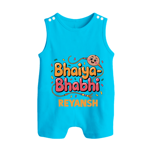 Bhaiya-Bhabhi Fun Rakhi Print Button Romper – cartoon style with “Bhaiya-Bhabhi” text and playful elements. - SKY BLUE - New Born (Chest 18")