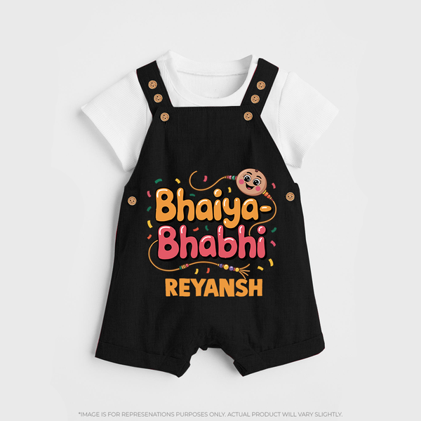 Bhaiya-Bhabhi Fun Rakhi Print Dungaree – cartoon style with “Bhaiya-Bhabhi” text and playful elements. - BLACK - 0 - 5 Months Old (Chest 18")