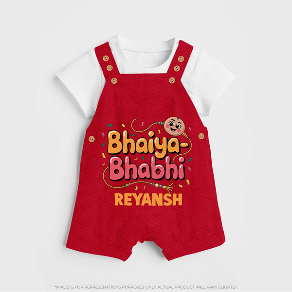 Bhaiya-Bhabhi Fun Rakhi Print Dungaree – cartoon style with “Bhaiya-Bhabhi” text and playful elements. - RED - 0 - 5 Months Old (Chest 18")
