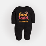 Bhaiya-Bhabhi Fun Rakhi Print Fullbody Suit – cartoon style with “Bhaiya-Bhabhi” text and playful elements. - BLACK - New Born (Chest 7.5")