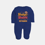 Bhaiya-Bhabhi Fun Rakhi Print Fullbody Suit – cartoon style with “Bhaiya-Bhabhi” text and playful elements. - NAVY BLUE - New Born (Chest 7.5")