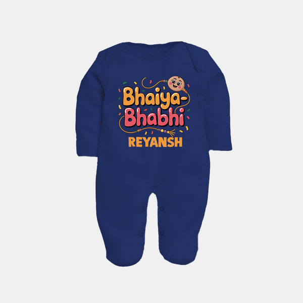 Bhaiya-Bhabhi Fun Rakhi Print Fullbody Suit – cartoon style with “Bhaiya-Bhabhi” text and playful elements. - NAVY BLUE - New Born (Chest 7.5")
