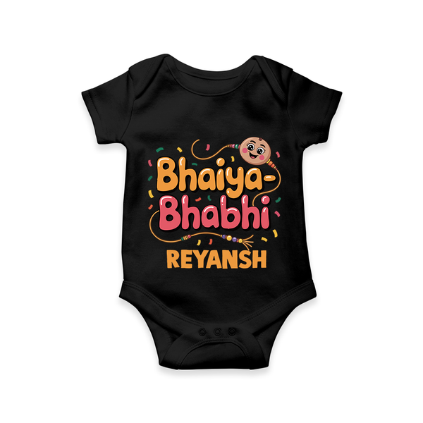 Bhaiya-Bhabhi Fun Rakhi Print Romper  – cartoon style with “Bhaiya-Bhabhi” text and playful elements. - BLACK - New Born (Chest 14")