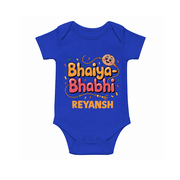 Bhaiya-Bhabhi Fun Rakhi Print Romper  – cartoon style with “Bhaiya-Bhabhi” text and playful elements. - COBALT BLUE - New Born (Chest 14")