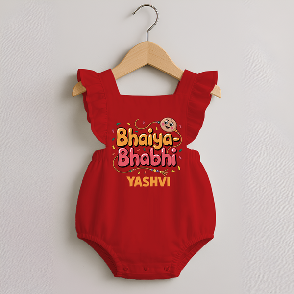 Bhaiya-Bhabhi Fun Rakhi Print Romper Frock – cartoon style with “Bhaiya-Bhabhi” text and playful elements. - RED - 0 - 3 Months Old (Chest 19")