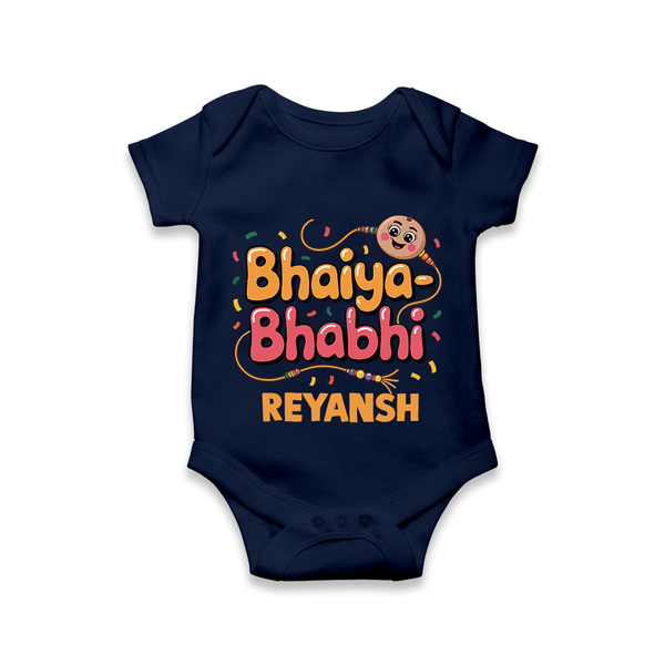 Bhaiya-Bhabhi Fun Rakhi Print Romper  – cartoon style with “Bhaiya-Bhabhi” text and playful elements. - NAVY BLUE - New Born (Chest 14")