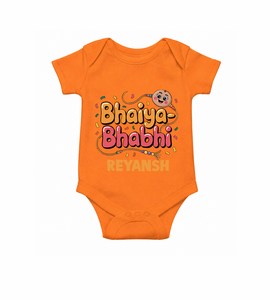 Bhaiya-Bhabhi Fun Rakhi Print Romper  – cartoon style with “Bhaiya-Bhabhi” text and playful elements.