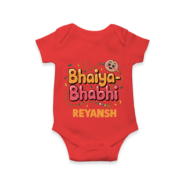 Bhaiya-Bhabhi Fun Rakhi Print Romper  – cartoon style with “Bhaiya-Bhabhi” text and playful elements. - RED - New Born (Chest 14")