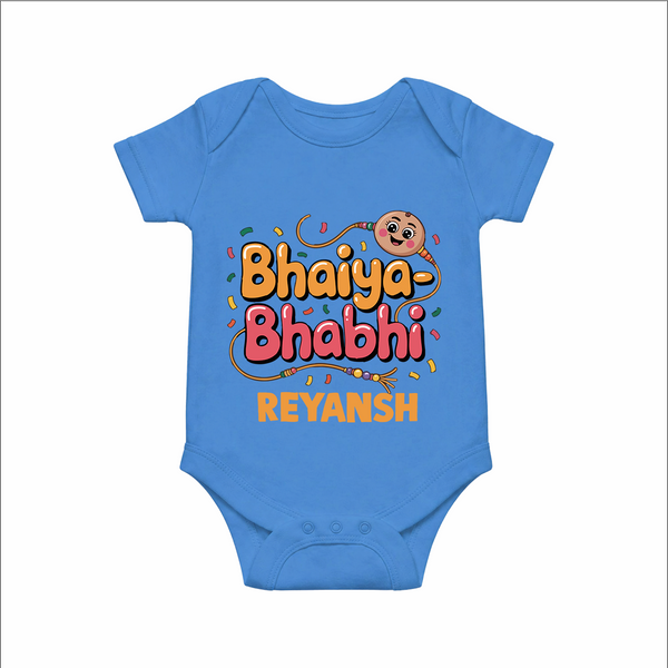 Bhaiya-Bhabhi Fun Rakhi Print Romper  – cartoon style with “Bhaiya-Bhabhi” text and playful elements.