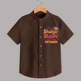 Bhaiya-Bhabhi Fun Rakhi Print Shirt – cartoon style with “Bhaiya-Bhabhi” text and playful elements. - CHOCOLATE BROWN - 0 - 6 Months Old (Chest 23")