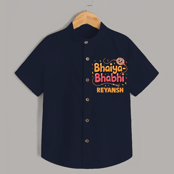 Bhaiya-Bhabhi Fun Rakhi Print Shirt – cartoon style with “Bhaiya-Bhabhi” text and playful elements. - NAVY BLUE - 0 - 6 Months Old (Chest 23")