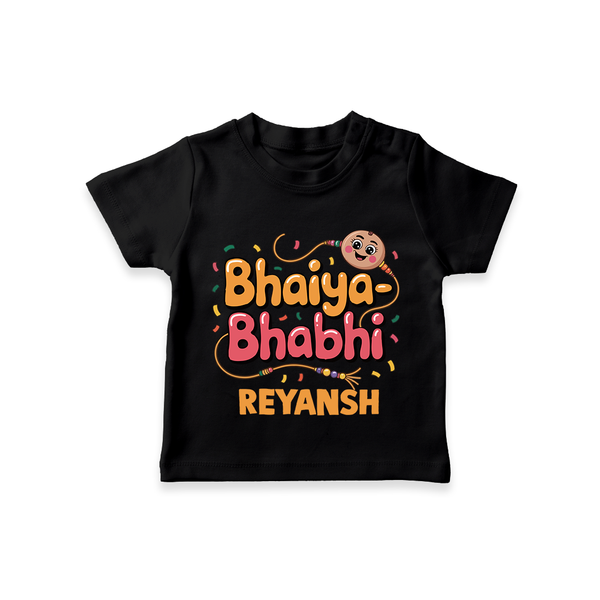 Bhaiya-Bhabhi Fun Rakhi Print TShirt – cartoon style with “Bhaiya-Bhabhi” text and playful elements. - BLACK - 0-5 Months Old (Chest 17")