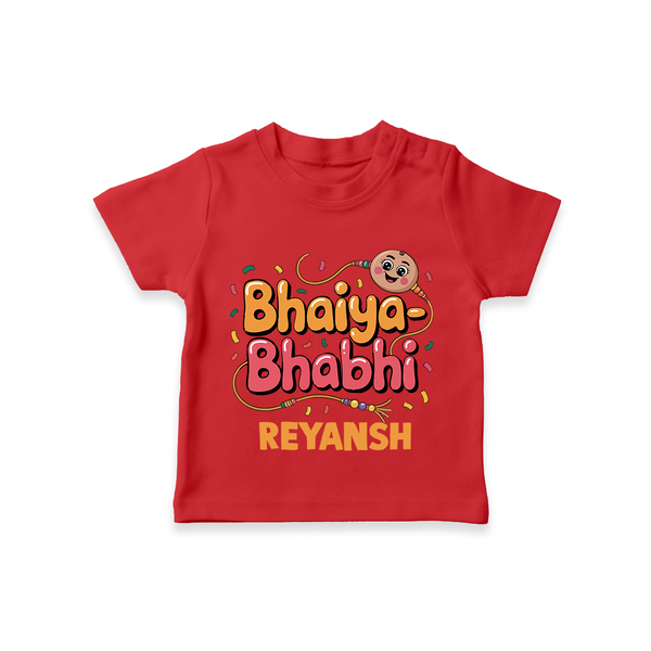 Bhaiya-Bhabhi Fun Rakhi Print TShirt – cartoon style with “Bhaiya-Bhabhi” text and playful elements. - RED - 0-5 Months Old (Chest 17")