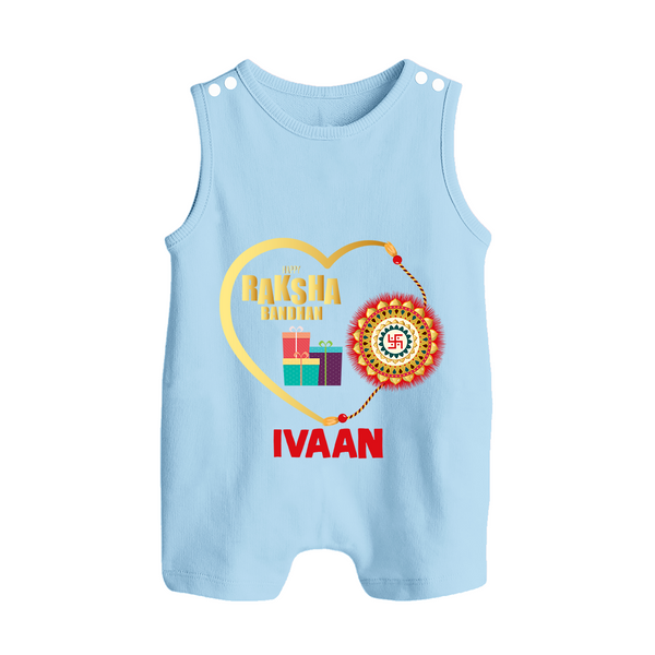 Gift & Rakhi Heart Print Button Romper – heart-shaped rakhi with gifts illustration. - BABY BLUE - New Born (Chest 18")