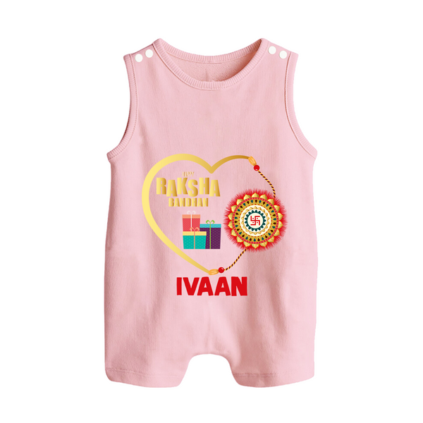 Gift & Rakhi Heart Print Button Romper – heart-shaped rakhi with gifts illustration. - BABY PINK - New Born (Chest 18")
