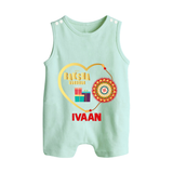 Gift & Rakhi Heart Print Button Romper – heart-shaped rakhi with gifts illustration. - MINT GREEN - New Born (Chest 18")