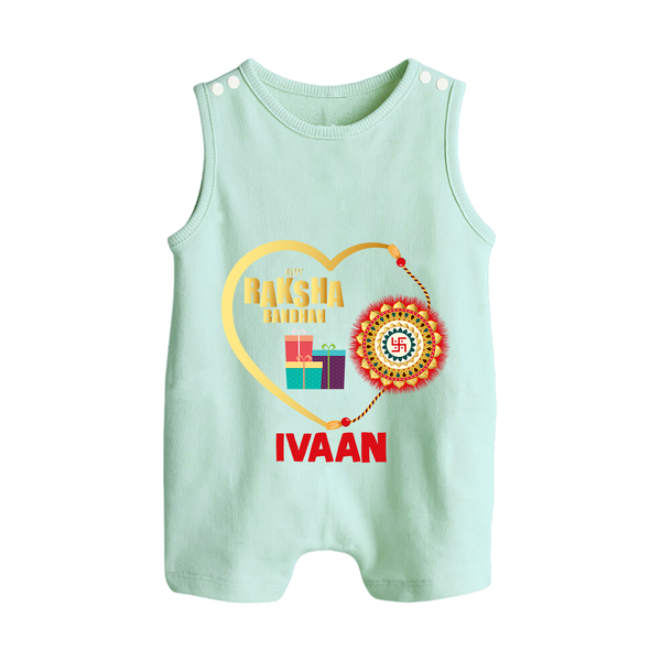 Gift & Rakhi Heart Print Button Romper – heart-shaped rakhi with gifts illustration. - MINT GREEN - New Born (Chest 18")