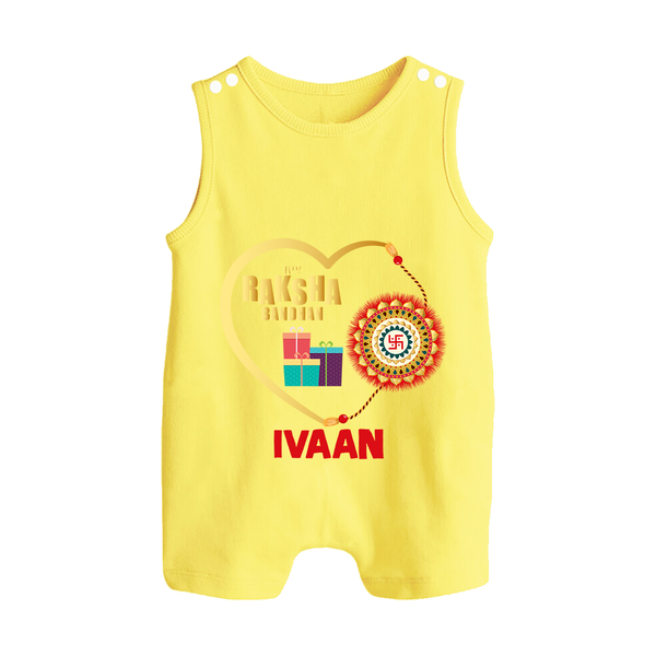 Gift & Rakhi Heart Print Button Romper – heart-shaped rakhi with gifts illustration. - PASTEL YELLOW - New Born (Chest 18")