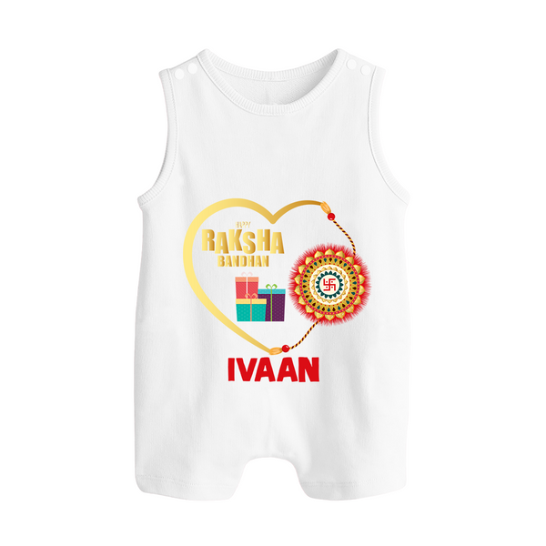 Gift & Rakhi Heart Print Button Romper – heart-shaped rakhi with gifts illustration. - WHITE - New Born (Chest 18")
