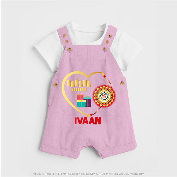 Gift & Rakhi Heart Print Dungaree – heart-shaped rakhi with gifts illustration. - BABY PINK - 0 - 5 Months Old (Chest 18")
