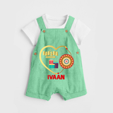 Gift & Rakhi Heart Print Dungaree – heart-shaped rakhi with gifts illustration. - GREEN - 0 - 5 Months Old (Chest 18")