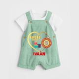 Gift & Rakhi Heart Print Dungaree – heart-shaped rakhi with gifts illustration. - MINT GREEN - 0 - 5 Months Old (Chest 18")