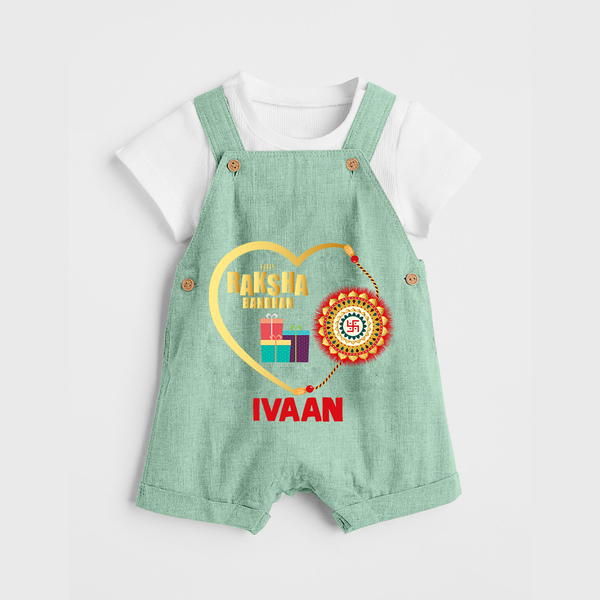 Gift & Rakhi Heart Print Dungaree – heart-shaped rakhi with gifts illustration. - MINT GREEN - 0 - 5 Months Old (Chest 18")
