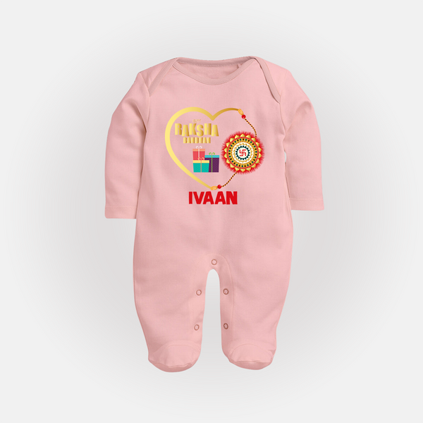 Gift & Rakhi Heart Print Fullbody Suit – heart-shaped rakhi with gifts illustration. - BABY PINK - New Born (Chest 7.5")