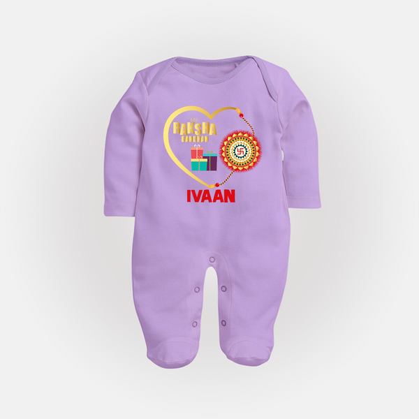 Gift & Rakhi Heart Print Fullbody Suit – heart-shaped rakhi with gifts illustration. - LILAC - New Born (Chest 7.5")