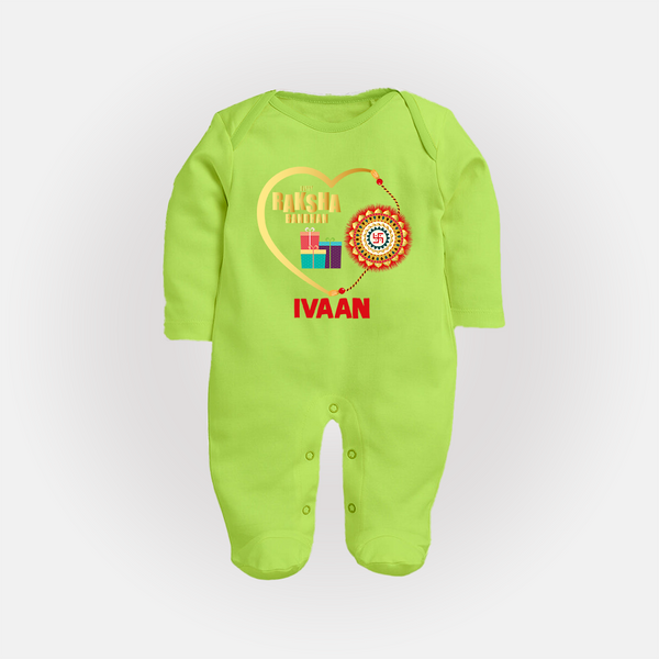 Gift & Rakhi Heart Print Fullbody Suit – heart-shaped rakhi with gifts illustration. - LIME GREEN - New Born (Chest 7.5")