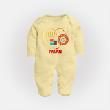 Gift & Rakhi Heart Print Fullbody Suit – heart-shaped rakhi with gifts illustration. - PASTEL YELLOW - New Born (Chest 7.5")