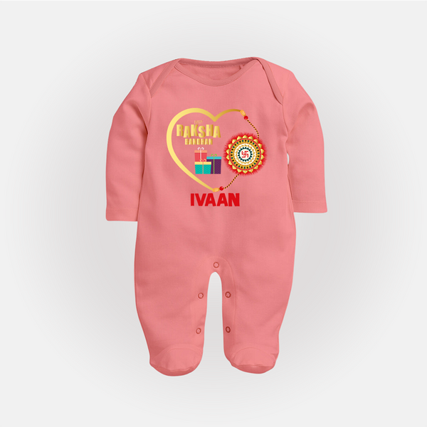 Gift & Rakhi Heart Print Fullbody Suit – heart-shaped rakhi with gifts illustration. - PEACH - New Born (Chest 7.5")