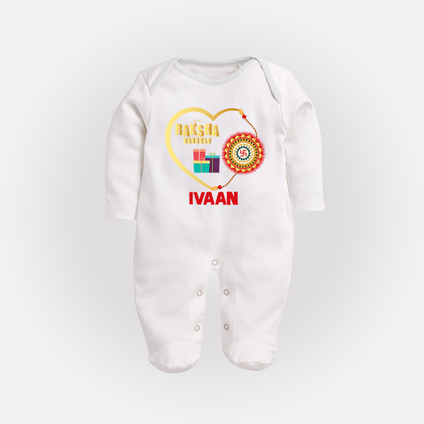Gift & Rakhi Heart Print Fullbody Suit – heart-shaped rakhi with gifts illustration. - WHITE - New Born (Chest 7.5")
