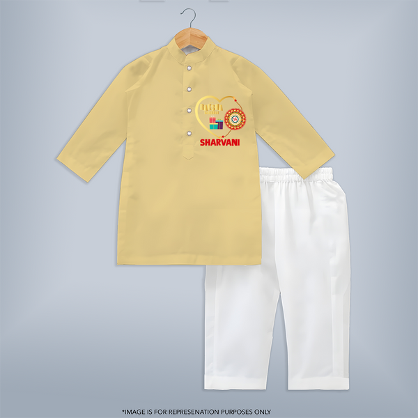 Gift & Rakhi Heart Print Kurta – heart-shaped rakhi with gifts illustration. - PASTEL YELLOW - 3 - 6 Months Old (Chest 24", Kurta Length 14'', Waist 19", Pant Length 14")