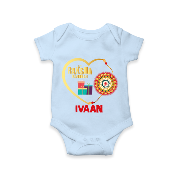 Gift & Rakhi Heart Print Romper  – heart-shaped rakhi with gifts illustration. - BABY BLUE - New Born (Chest 14")