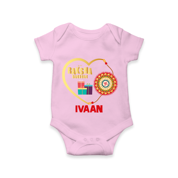 Gift & Rakhi Heart Print Romper  – heart-shaped rakhi with gifts illustration. - BABY PINK - New Born (Chest 14")