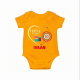 Gift & Rakhi Heart Print Romper  – heart-shaped rakhi with gifts illustration. - CHROME YELLOW - New Born (Chest 14")