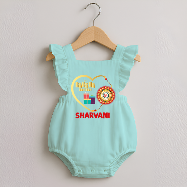 Gift & Rakhi Heart Print Romper Frock – heart-shaped rakhi with gifts illustration. - MINT GREEN - 0 - 3 Months Old (Chest 19")