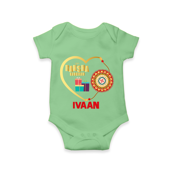 Gift & Rakhi Heart Print Romper  – heart-shaped rakhi with gifts illustration. - GREEN - New Born (Chest 14")
