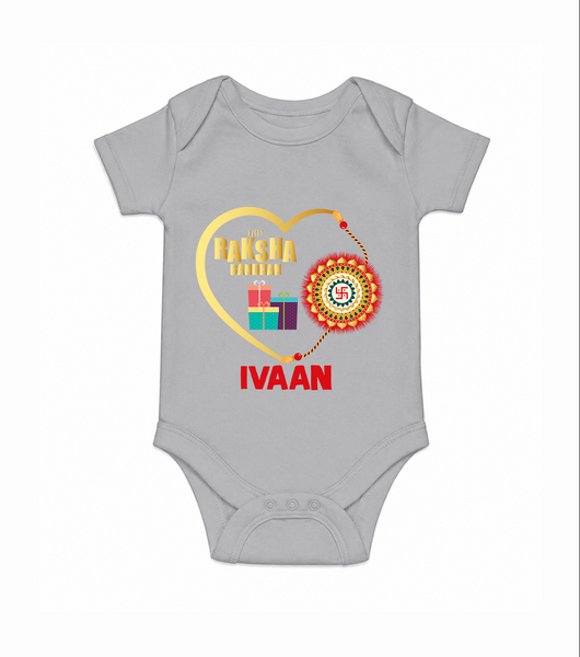 Gift & Rakhi Heart Print Romper  – heart-shaped rakhi with gifts illustration. - GREY - New Born (Chest 14")