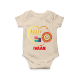 Gift & Rakhi Heart Print Romper  – heart-shaped rakhi with gifts illustration. - IVORY - New Born (Chest 14")