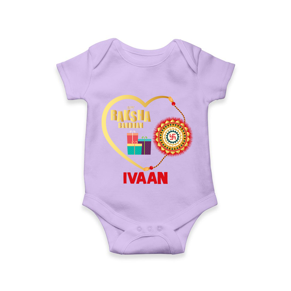 Gift & Rakhi Heart Print Romper  – heart-shaped rakhi with gifts illustration. - LILAC - New Born (Chest 14")