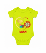 Gift & Rakhi Heart Print Romper  – heart-shaped rakhi with gifts illustration. - LIME GREEN - New Born (Chest 14")