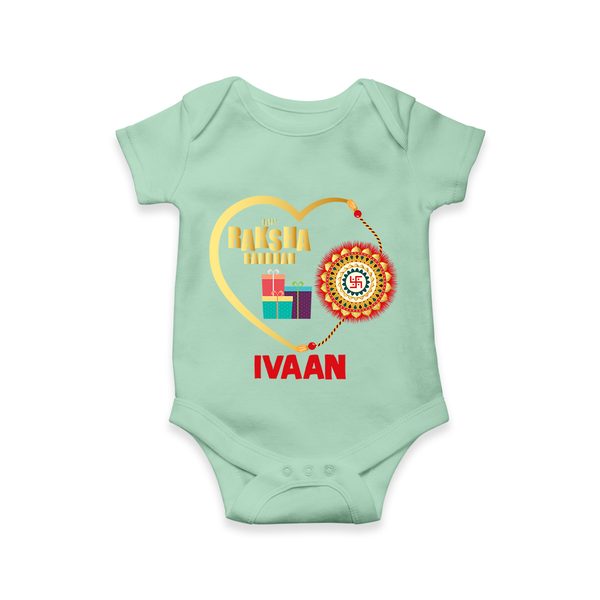 Gift & Rakhi Heart Print Romper  – heart-shaped rakhi with gifts illustration. - MINT GREEN - New Born (Chest 14")