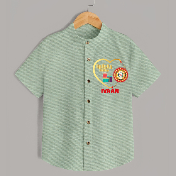 Gift & Rakhi Heart Print Shirt – heart-shaped rakhi with gifts illustration. - MINT GREEN - 0 - 6 Months Old (Chest 23")