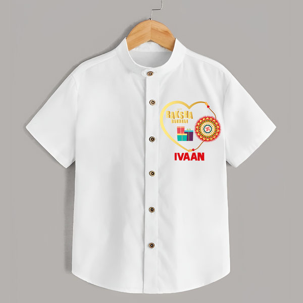 Gift & Rakhi Heart Print Shirt – heart-shaped rakhi with gifts illustration. - WHITE - 0 - 6 Months Old (Chest 23")